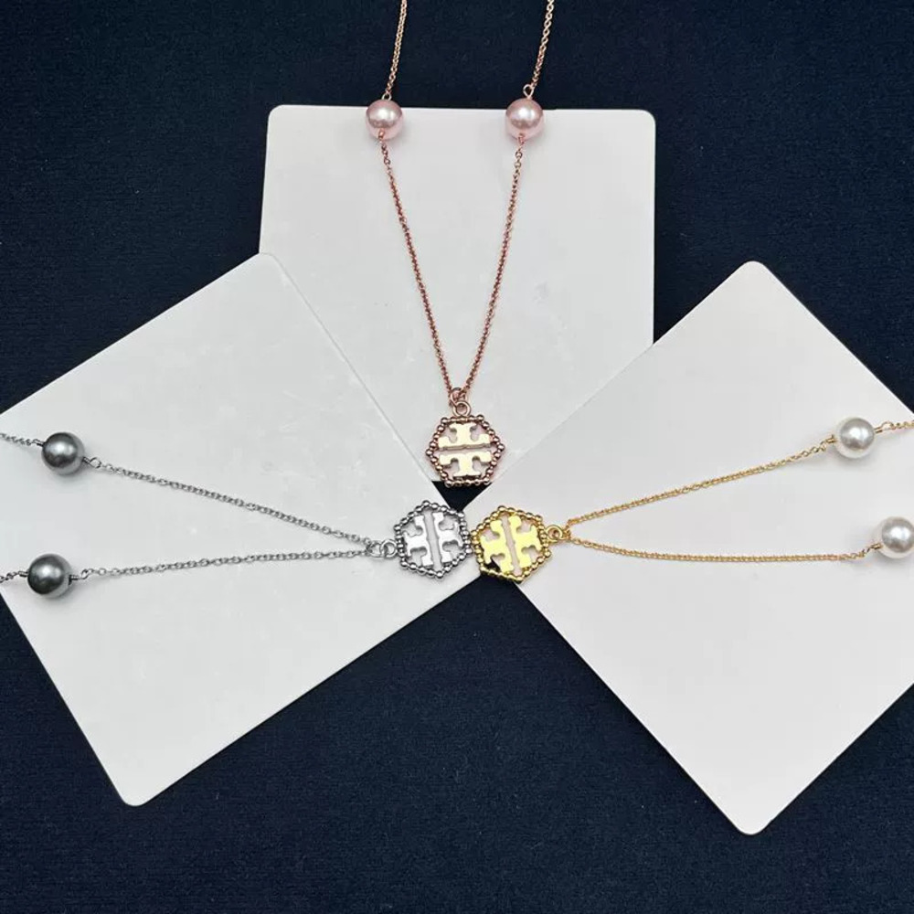 Tory Burch Geometric Hexagon Hollow Fine Double Letter Necklace
